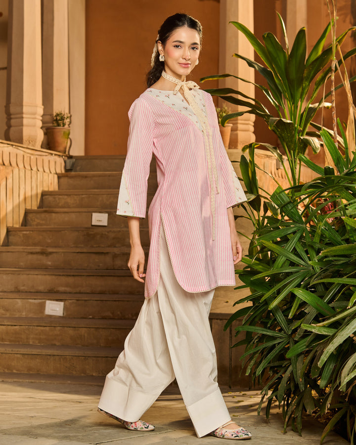 Sabine Pink Printed Cotton Stripes Kurta Set