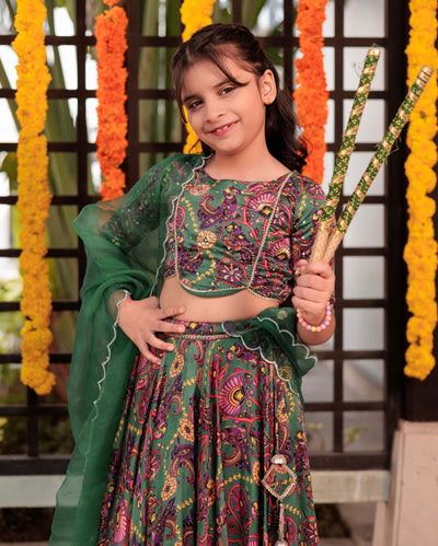 Starry Sprinkle Green Satin Lehenga Set