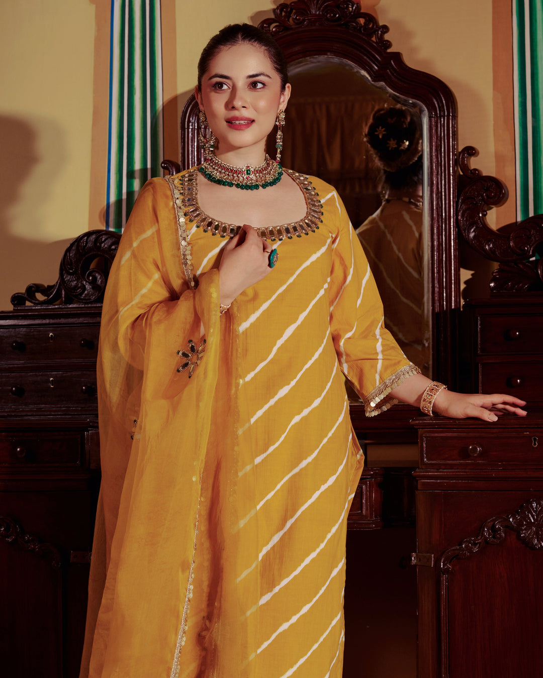 Rishi Yellow Leheriya Cotton Suit Set