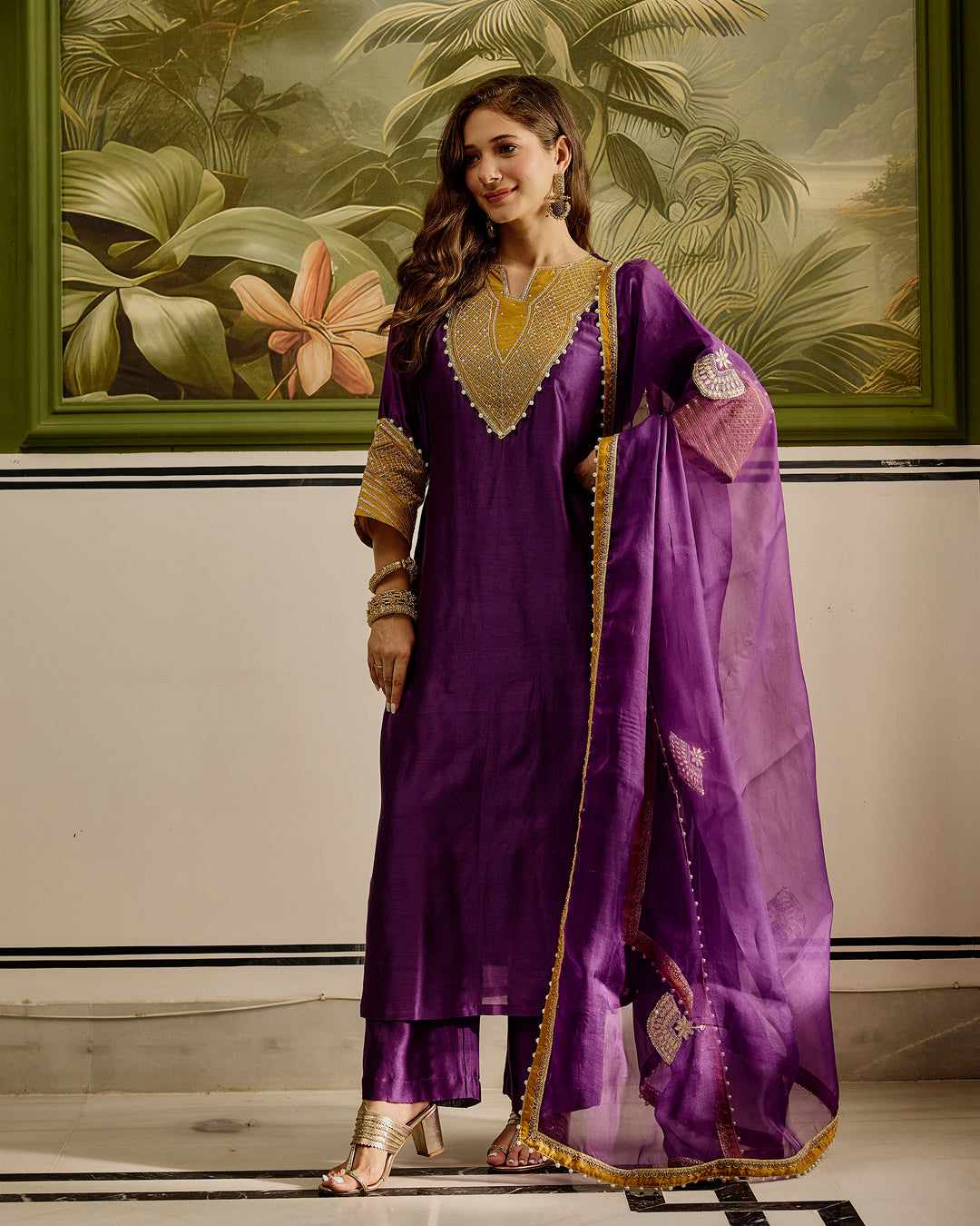 Ambika Purple Embroidered Chanderi Suit Set