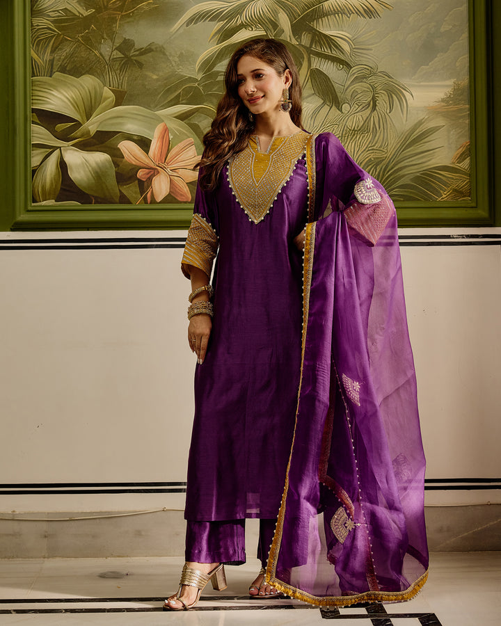 Ambika Purple Embroidered Chanderi Suit Set