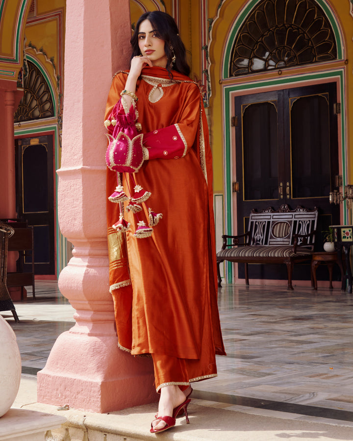 Priya Orange Embroidered Chanderi Suit Set