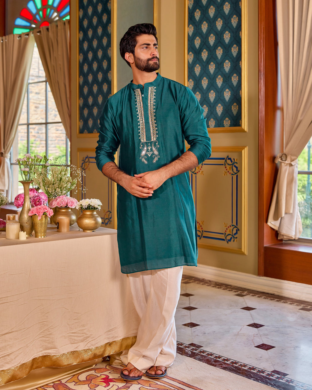Prem Teal Chanderi Embroidered Kurta
