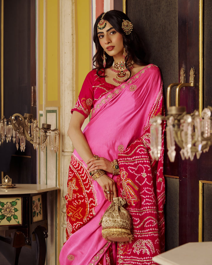 Boond Pink Embroidered Kajol Bandhej Silk Saree