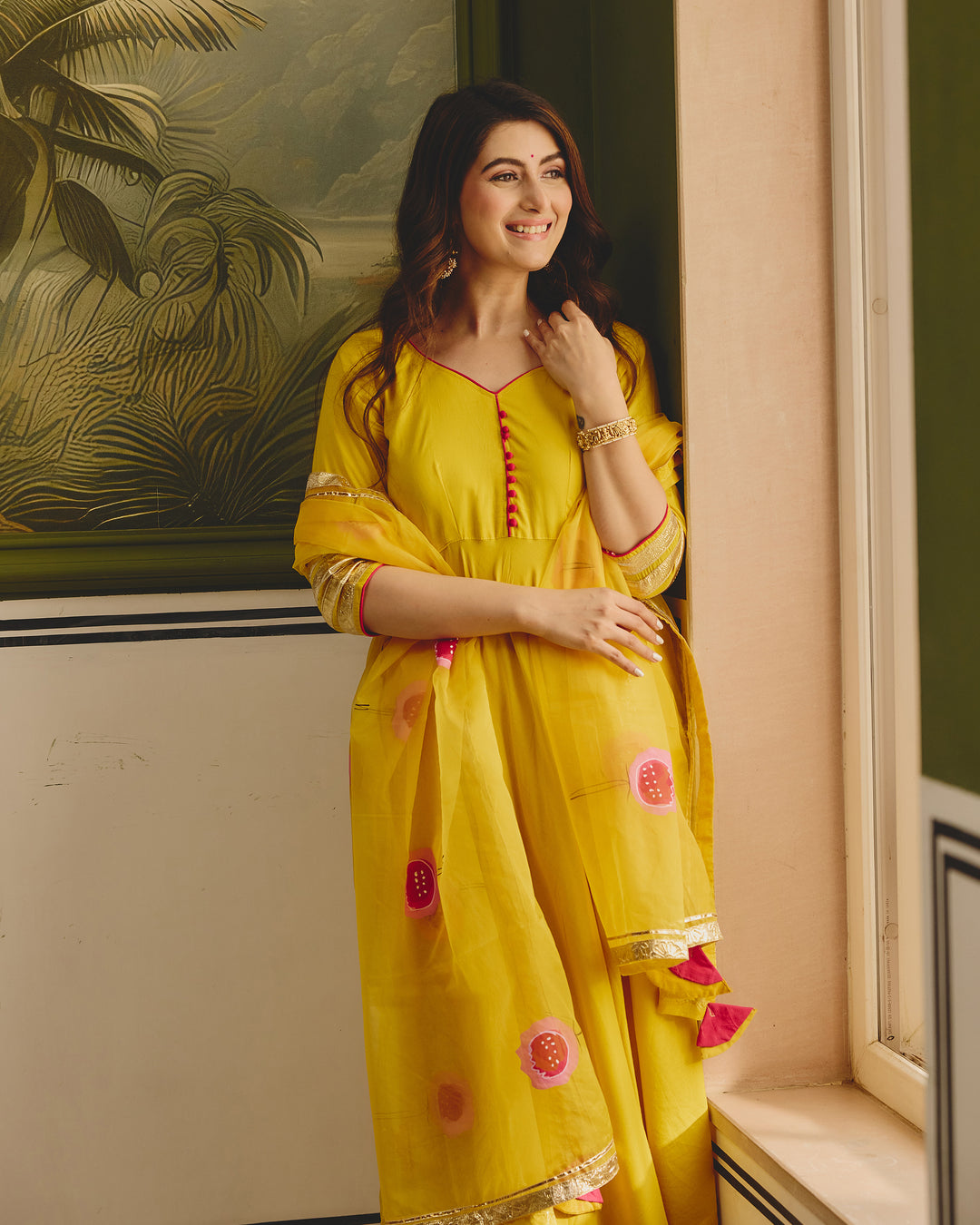 Yellow Organza Handpainted Suit Set