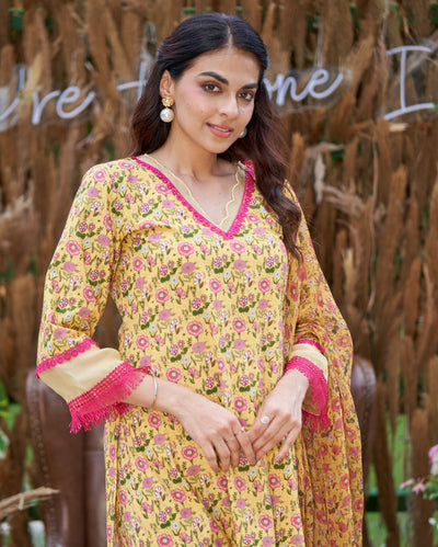 Flora Yellow Printed Cotton Suit Set