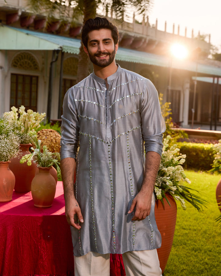 Padmesh Grey Chanderi Embroidered Kurta