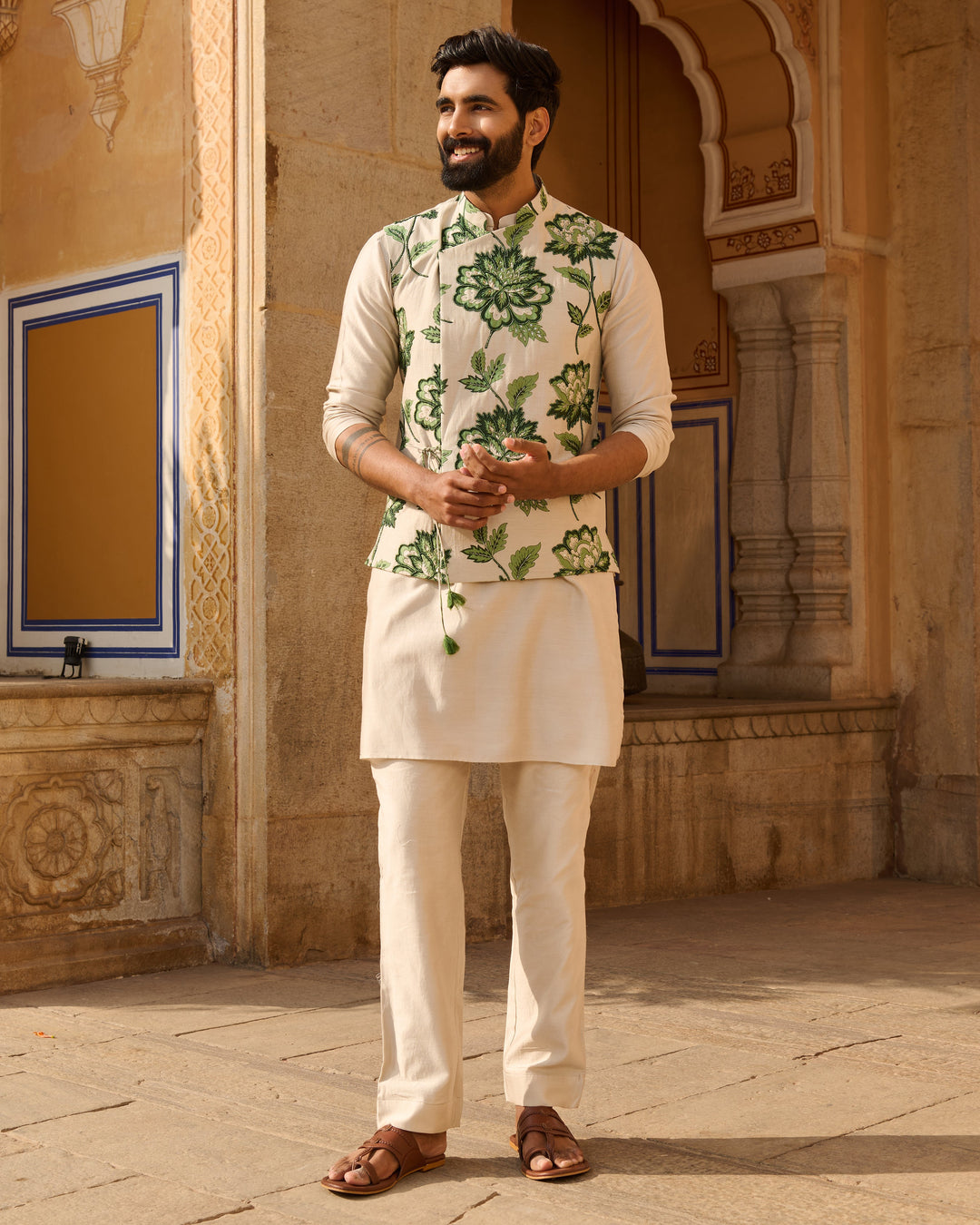 Omkar Grey Printed Chanderi Jacket And Kurta Set