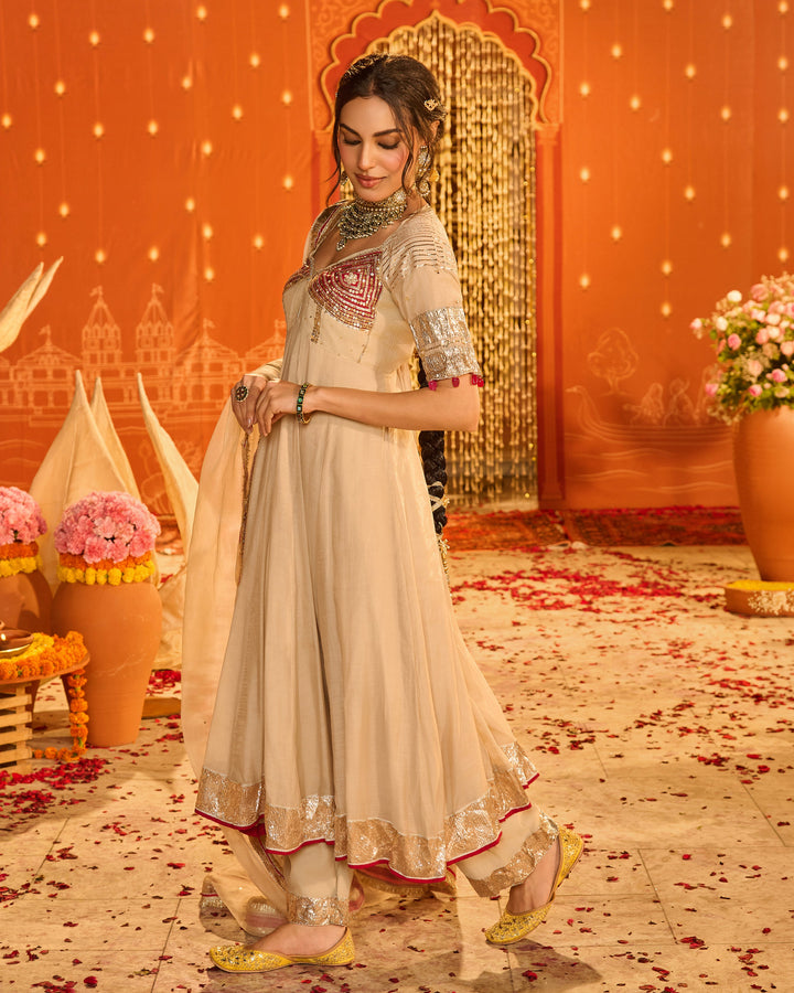 Navdurga Beige Embroidered Chanderi Aangi Suit Set