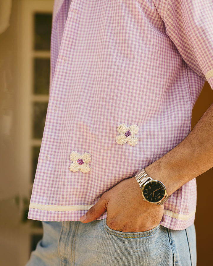 Kael Purple Embroidered Cotton Checks Printed Shirt
