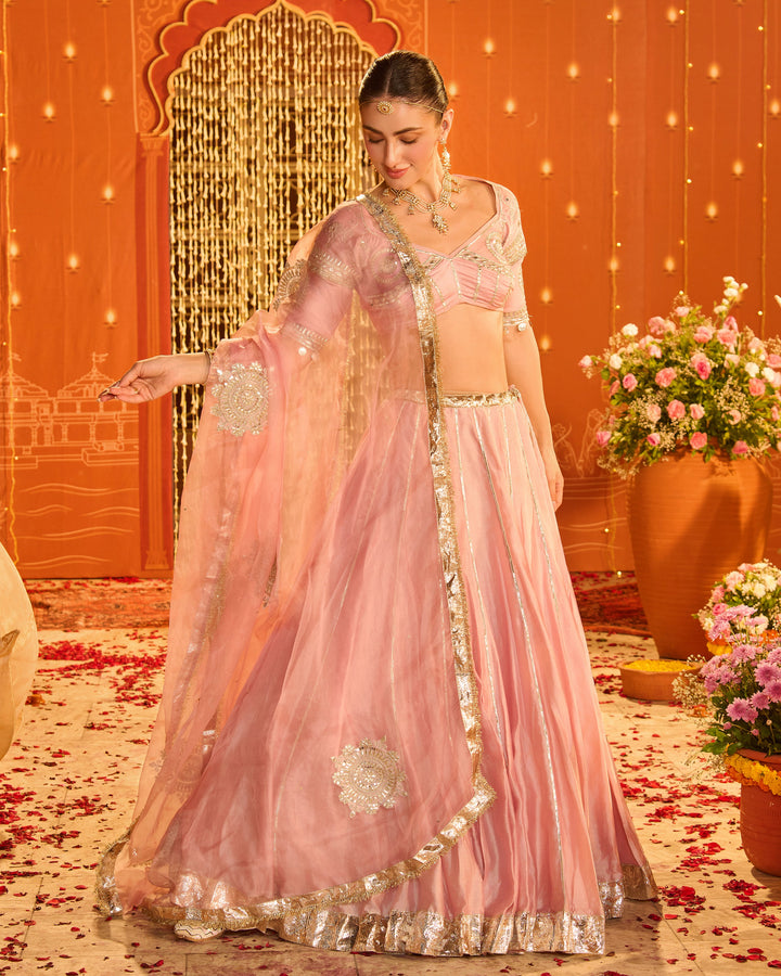 Tejal Baby Pink Embroidered Chanderi Aangi Lehenga Set