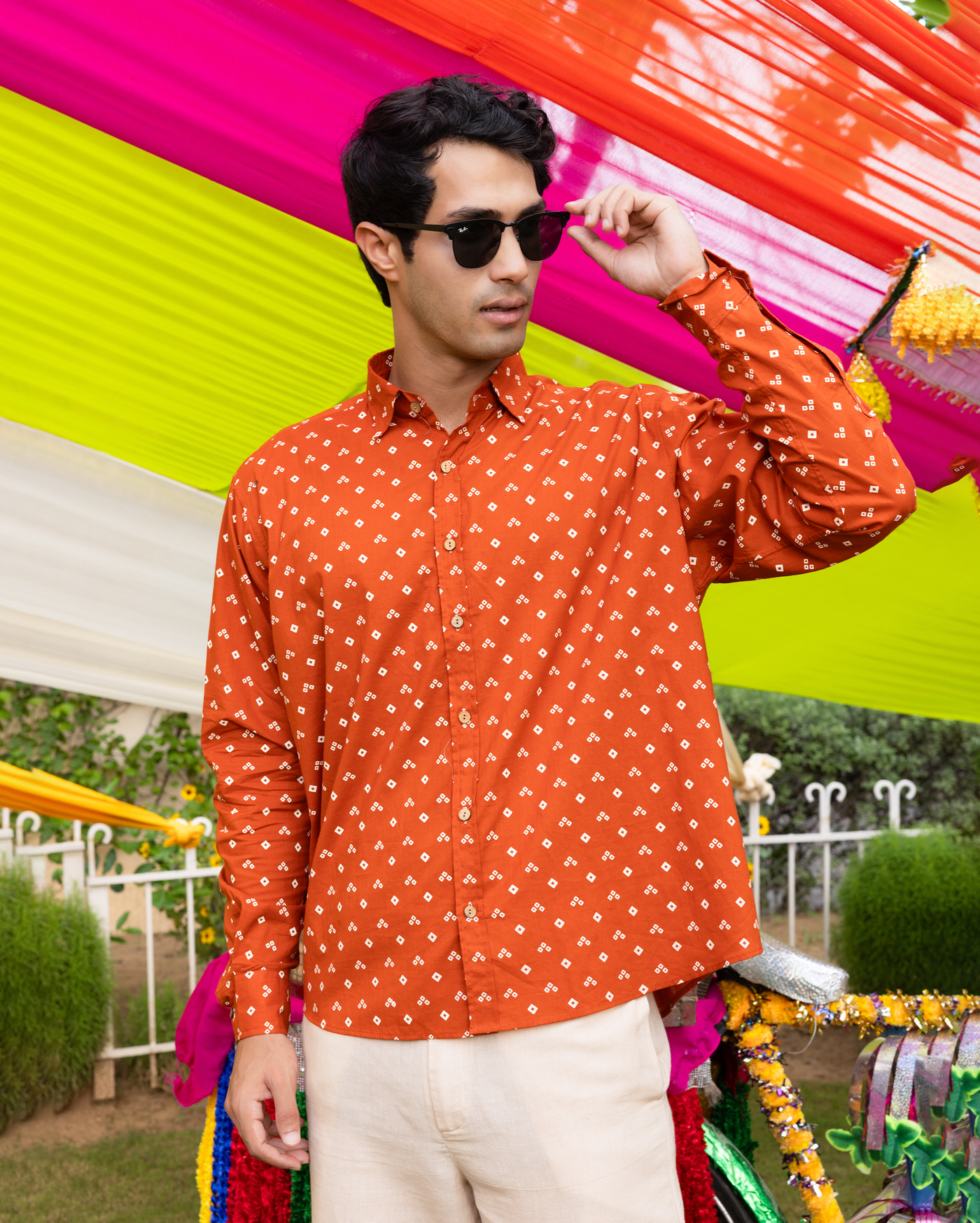 Sharvik Orange Bandhani Cotton Shirt