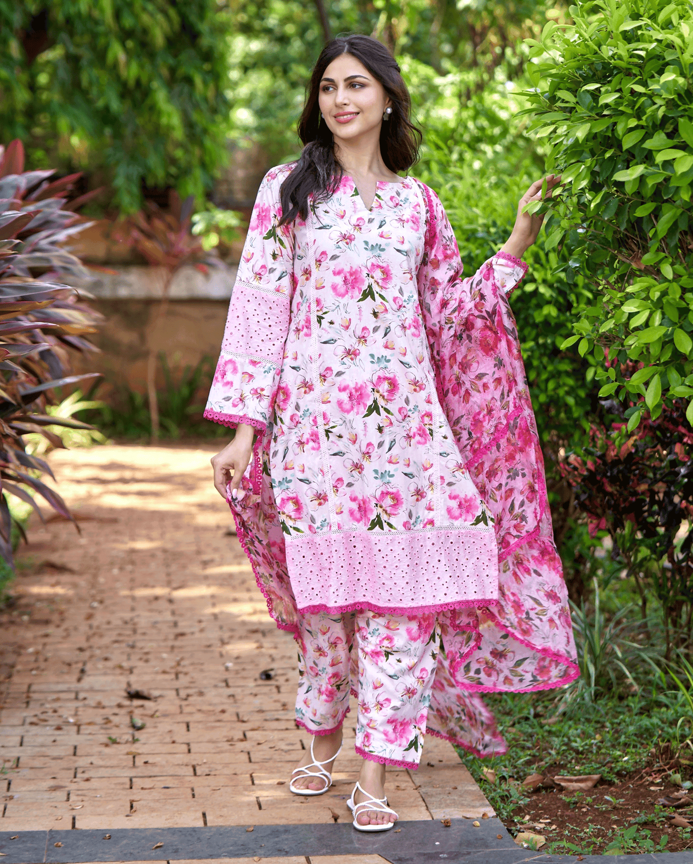 Plumeria Pink Printed Cotton Suit Set