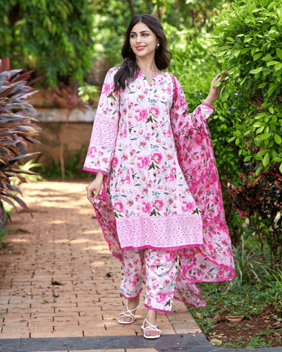 Plumeria Pink Printed Cotton Suit Set