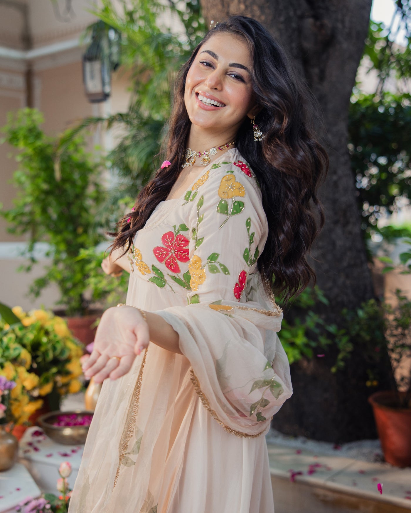 Harsinghar Beige Handpainted Viscose Organza Suit Set