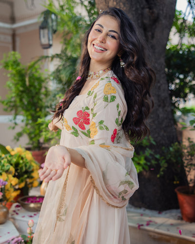 Harsinghar Beige Handpainted Viscose Organza Suit Set