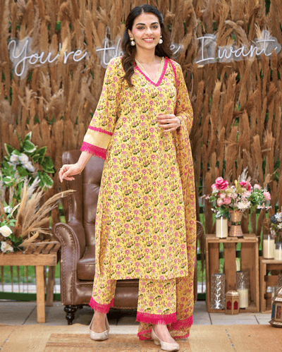 Flora Yellow Printed Cotton Suit Set