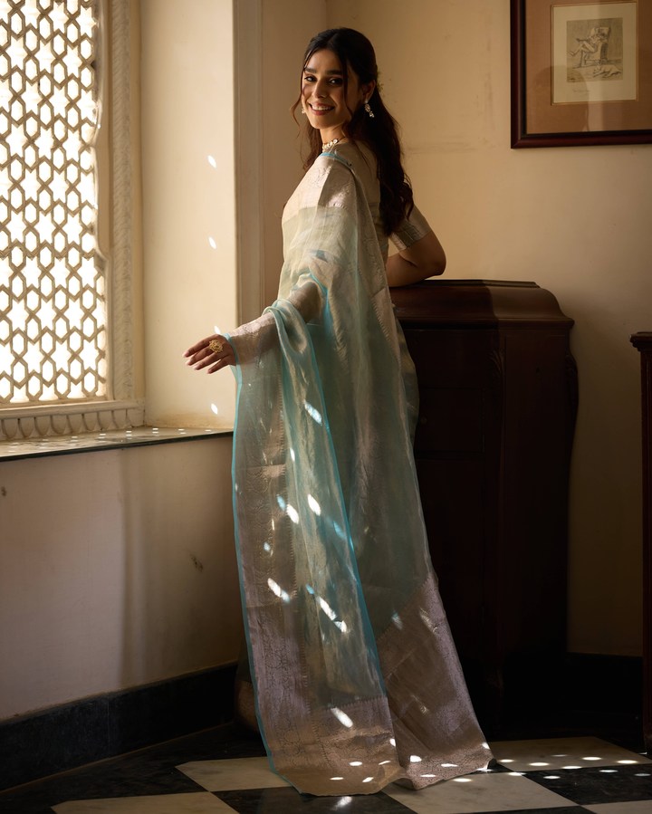 Rajni Sage Blue Solid Pure Tissue Saree