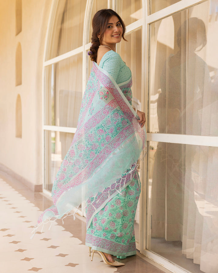 Kamalini Sea Green Doria Printed Saree