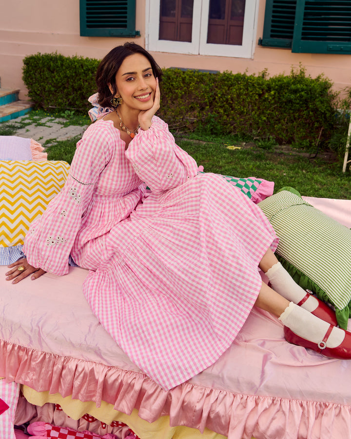 Nusrat Light Pink Embroidered Cotton Checks Dress