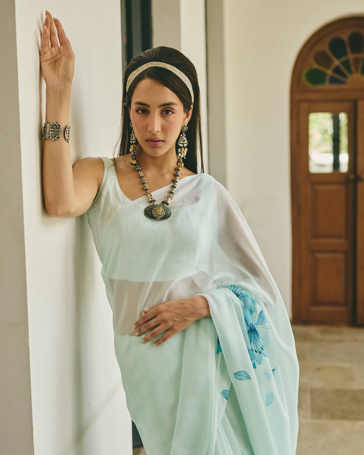 Lily Sea Green Handpainted Chiffon Saree