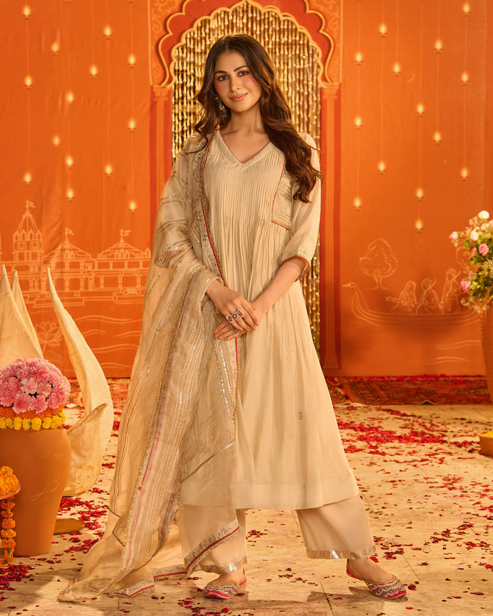 Jyotsna Beige Embroidered Chanderi Suit Set