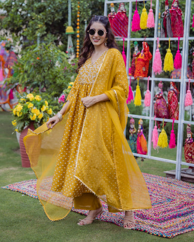 Pavitra Yellow Bandhani Chanderi Suit Set