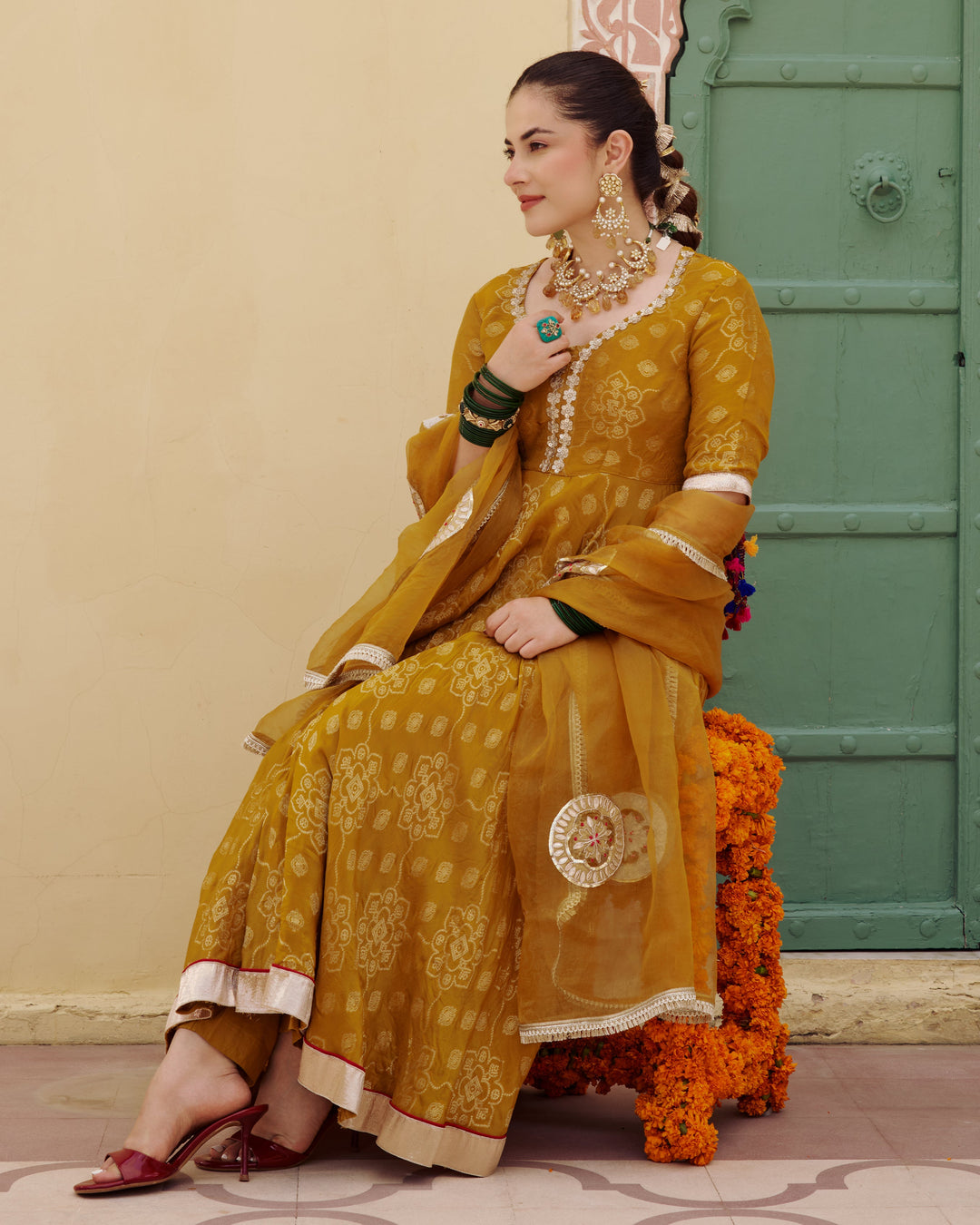 Kashi Mustard Jacquard Suit Set