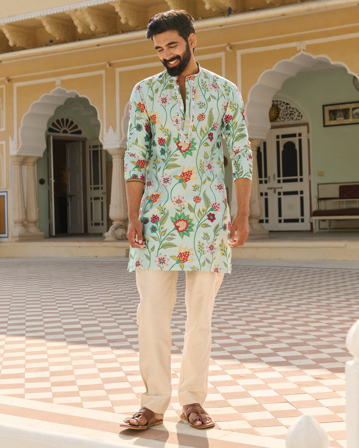 Mihir Blue Printed Chanderi Kurta