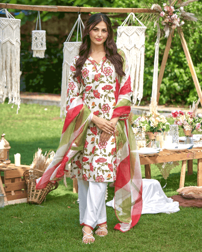 Sunrise Bloom Red Printed Cotton Suit Set