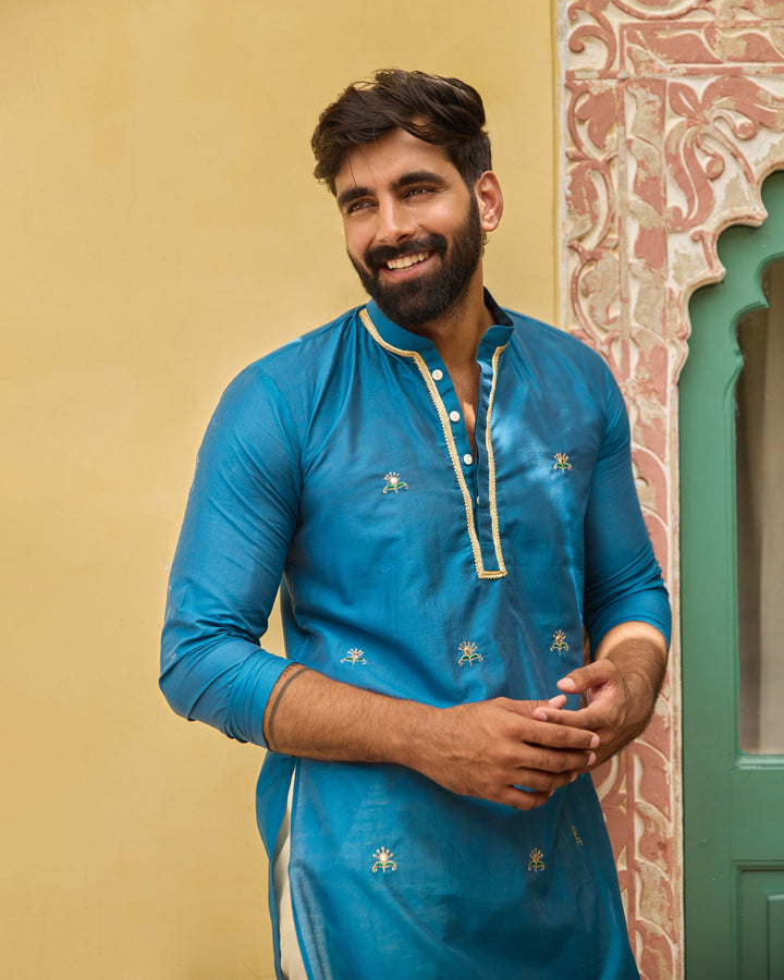Piyush Teal Chanderi Embroidered Kurta