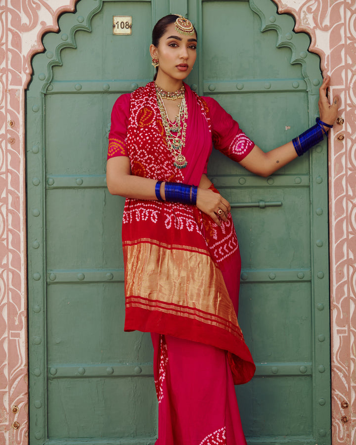 Koyal Pink Kajol Bandhej Silk Saree