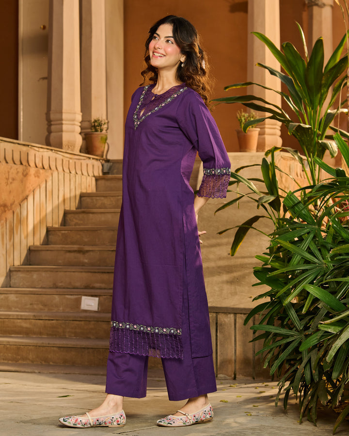 Ele Purple Embroidered Cotton Kurta Set