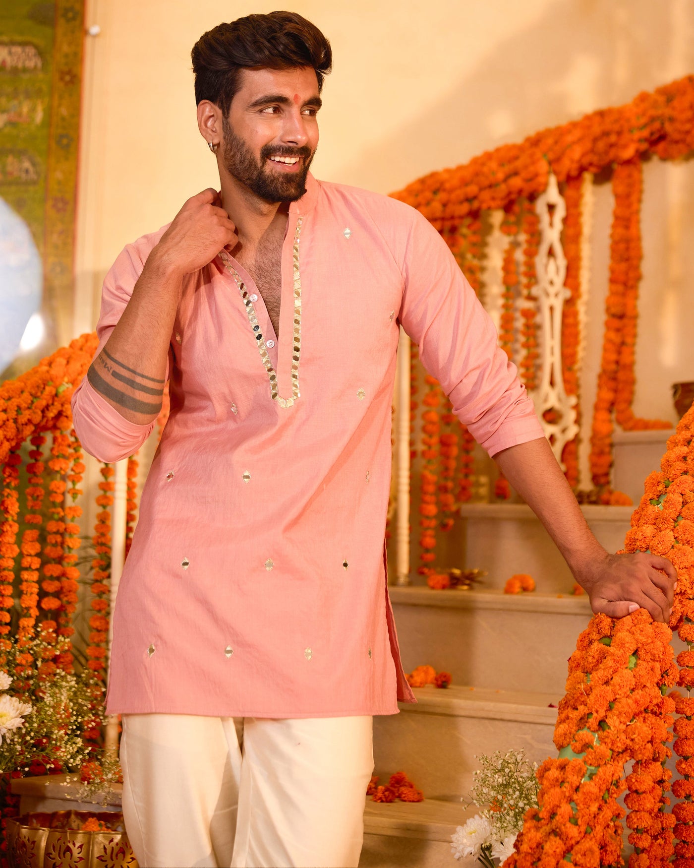 Manthan Peach Embroidered Chanderi Kurta