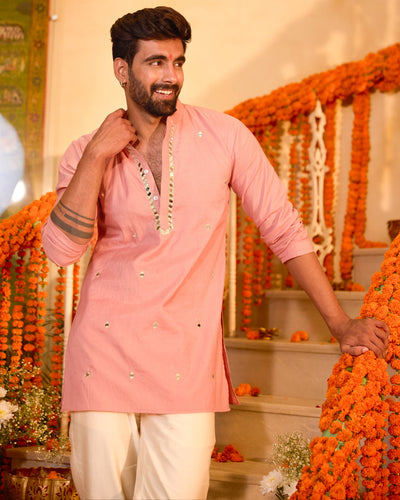 Manthan Peach Embroidered Chanderi Kurta