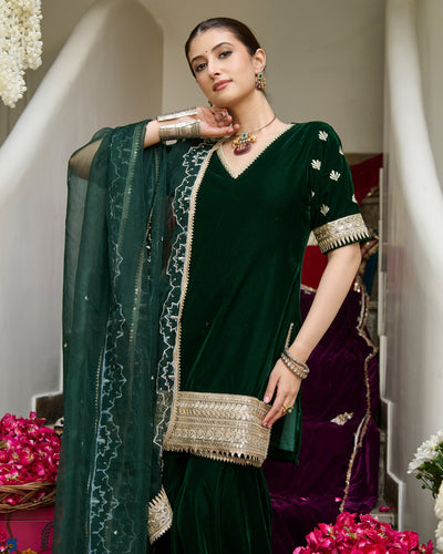 Nila Green Embroidered Velvet Sharara Set