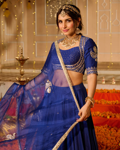 Kanika Blue Solid Chanderi Lehenga Set