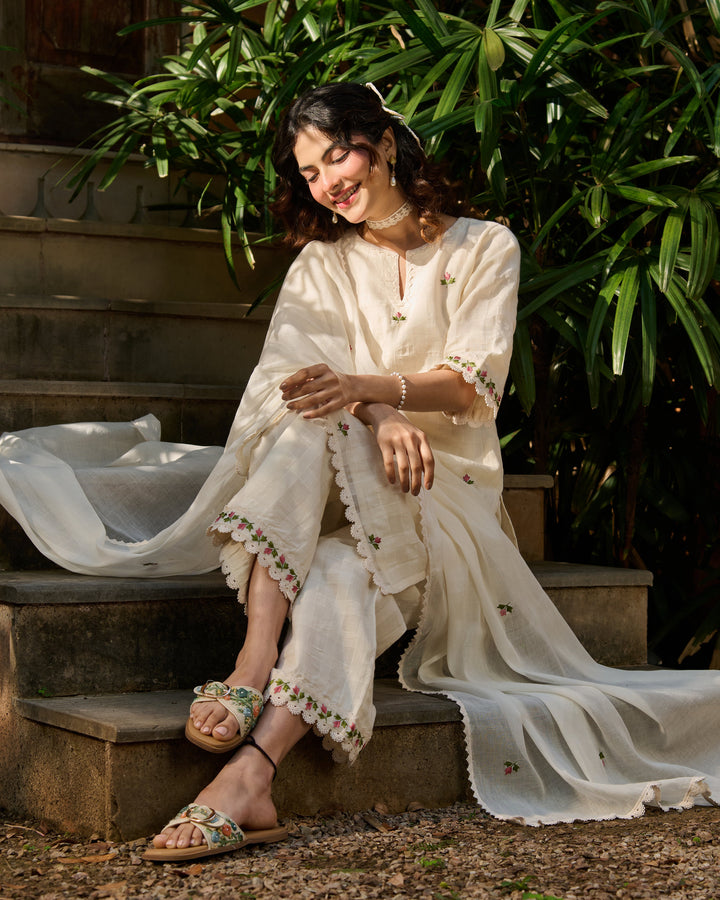 Vayu Off White Embroidered Cotton Checks Suit Set