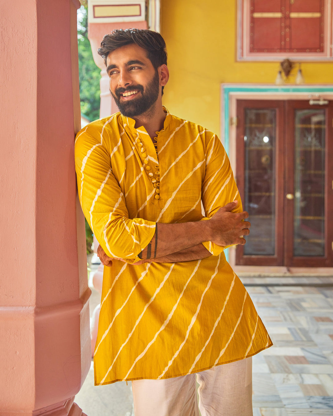 Rishabh Yellow Leheriya Cotton Kurta