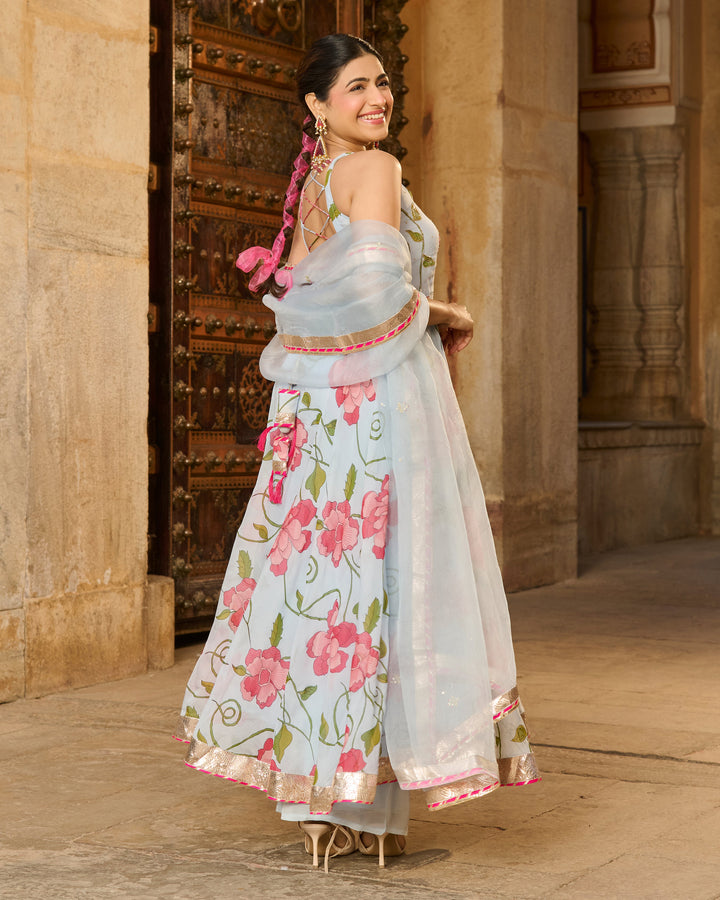 Astra Light Blue Printed Viscose Organza Suit Set