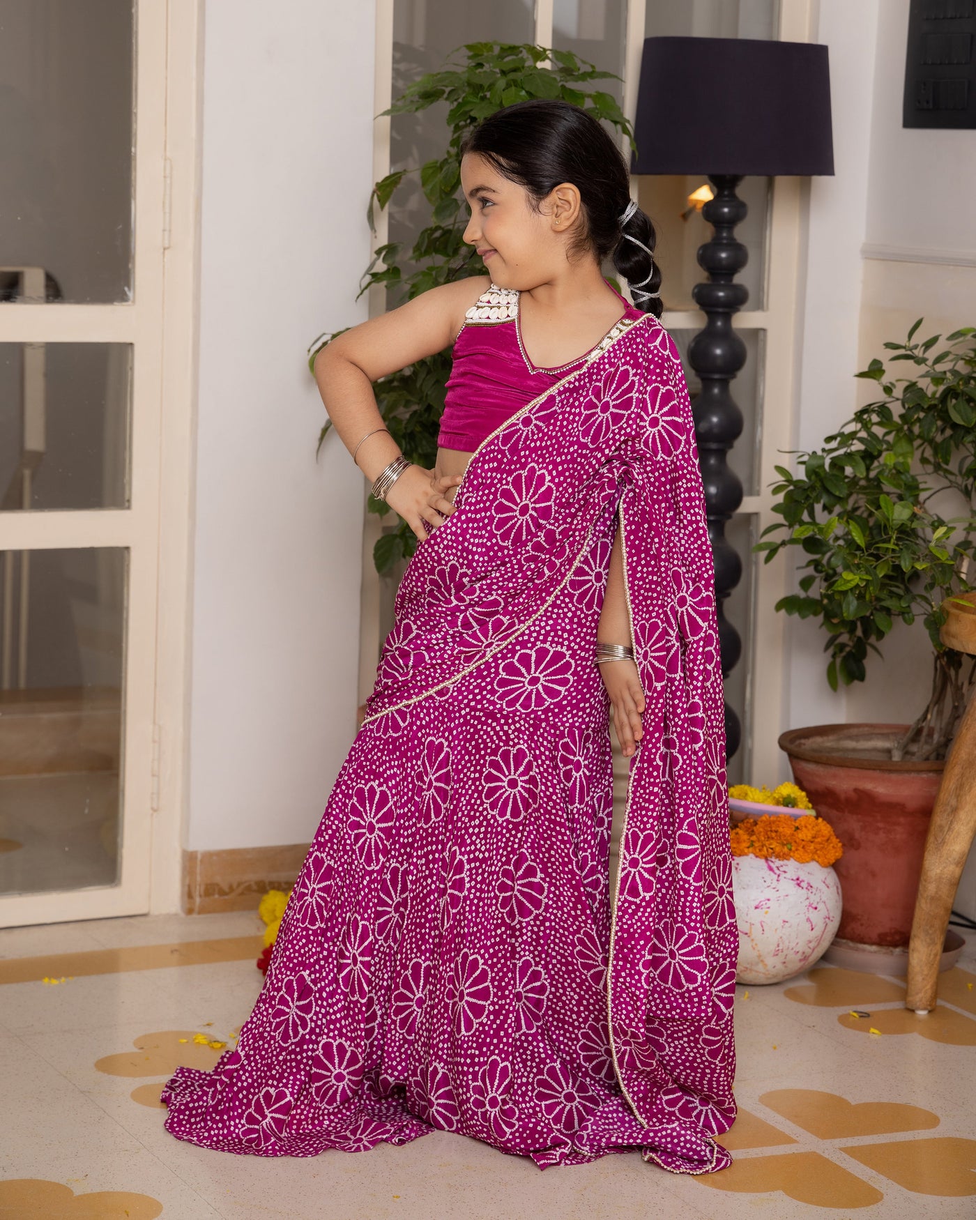 Mahi Purple Bandhani Crepe Pre Draped Saree