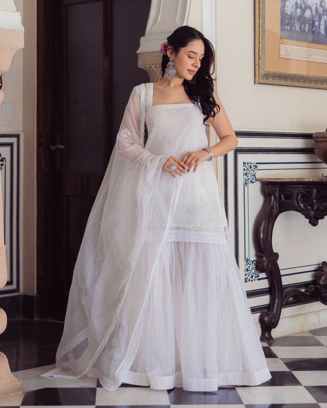 Gleaming White Embroidered Doria Sharara Set