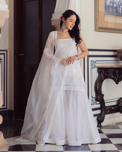 Gleaming White Embroidered Doria Sharara Set