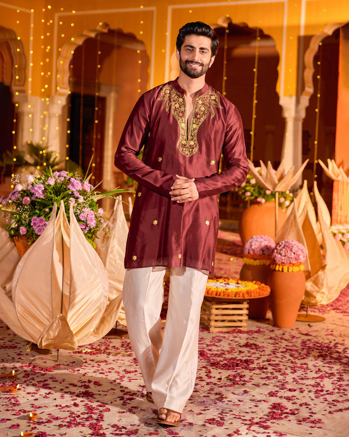 Shreyas Maroon Chanderi Embroidered Kurta