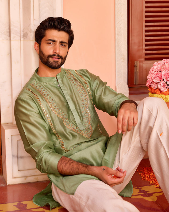 Trilok Sage Chanderi Embroidered Kurta
