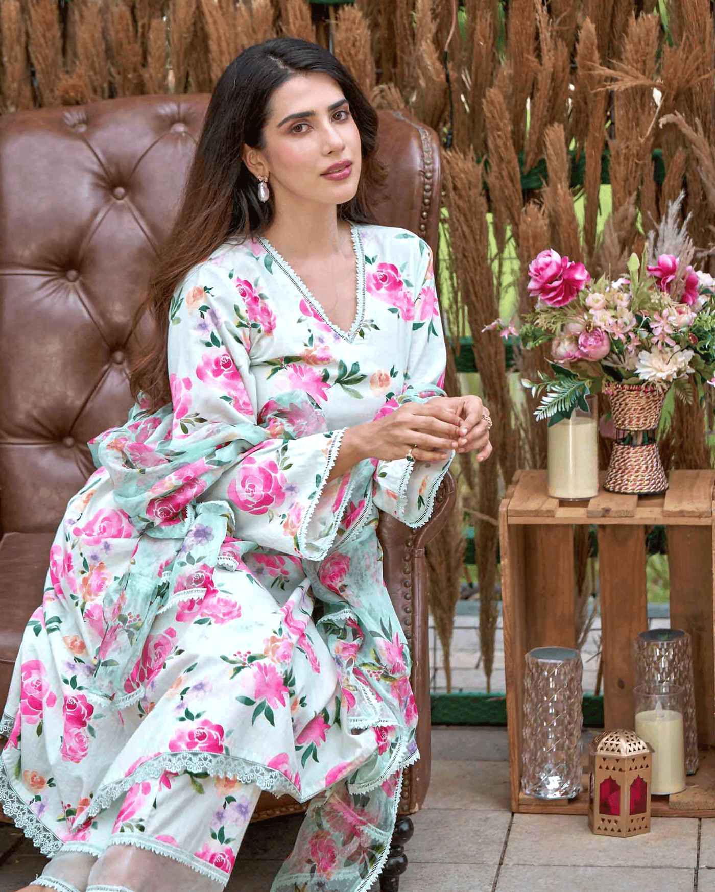 Zinnia Green Printed Cotton Suit Set