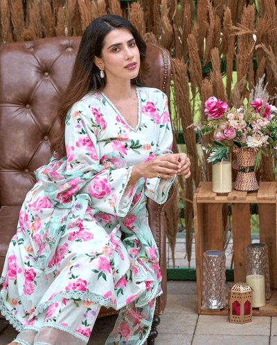 Zinnia Green Printed Cotton Suit Set