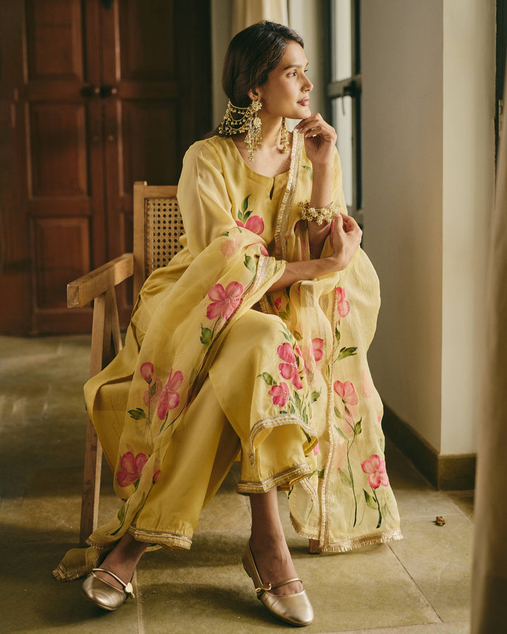 Varnaya Yellow Handpainted Viscose Organza Suit Set