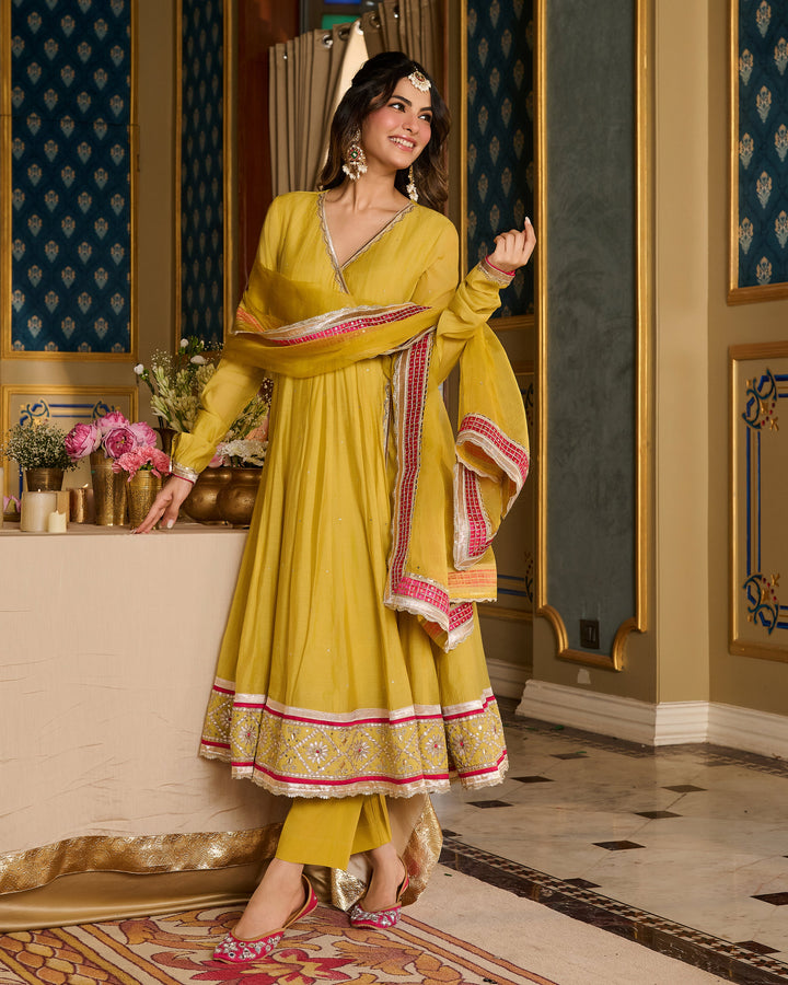 Samridhi Lime Green Embroidered Chanderi Suit Set