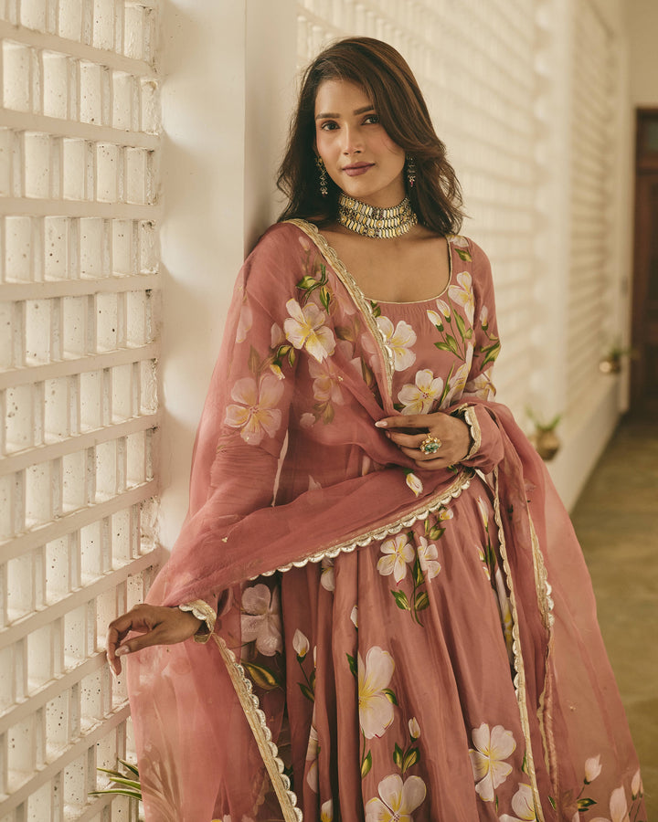 Vamika Mauve Handpainted Viscose Organza Suit Set